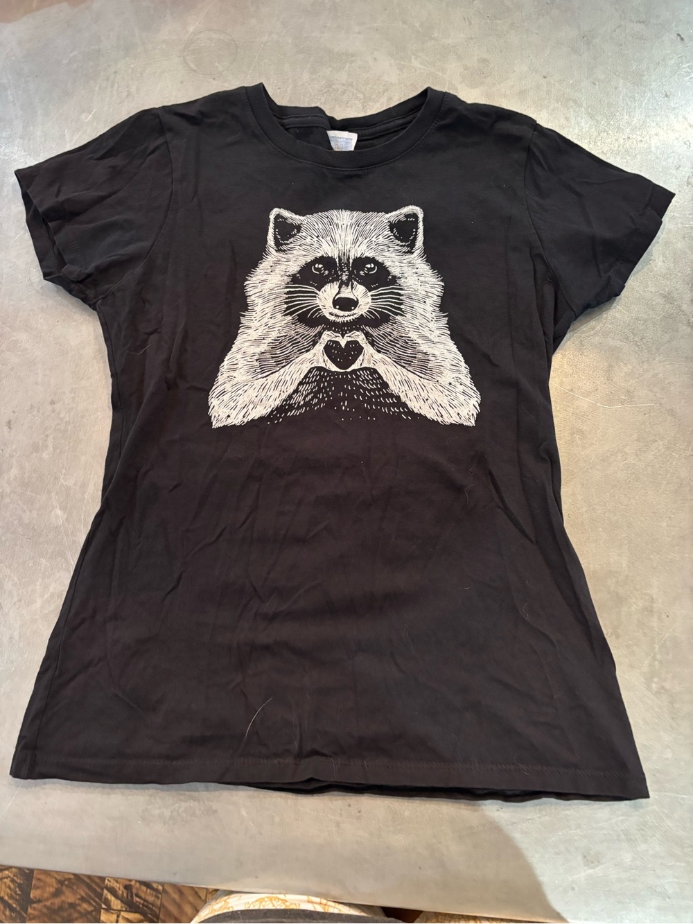 Port and Company Black Women's Tee with White Raccoon Heart Graphic